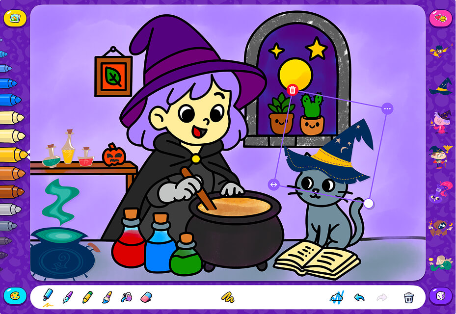 MiniDraw on iOS — coloring a little witch scene